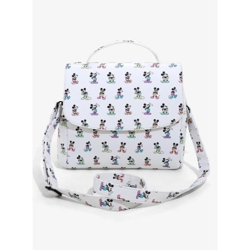 Loungefly Disney Mickey Mouse Pastel Rainbow Poses Purse Crossbody Bag AOP NWT